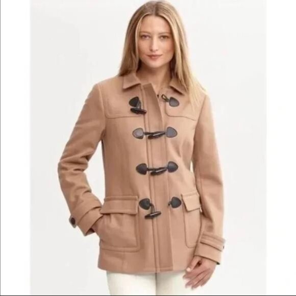Banana Republic Camel Wool Toggle Coat Overcoat With Leather Accents Size XS - Picture 10 of 12
